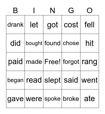 Irregular Verbs Bingo Card