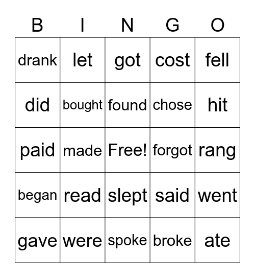 Irregular Verbs Bingo Card