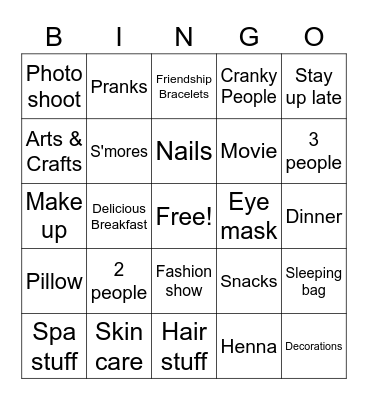 Things at a sleepover Bingo Card