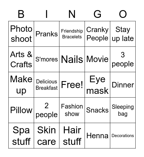 Things at a sleepover Bingo Card