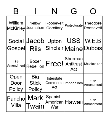 American Imperialism/Progressive Era Bingo Card