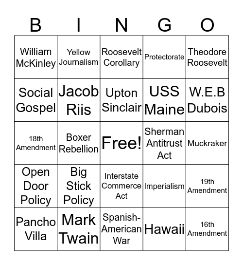 American Imperialism/Progressive Era Bingo Card