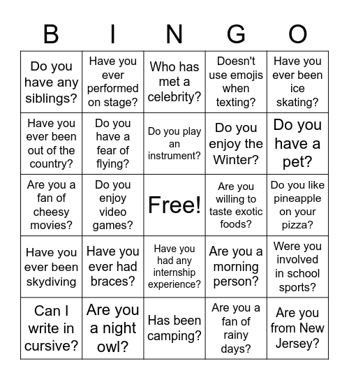 Icebreaker Bingo Card