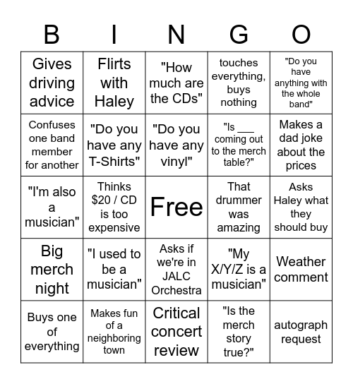 Songs We Love Merch Table Bingo Card