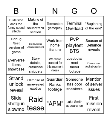 Lightfall Vidoc 2/16/23 Bingo Card