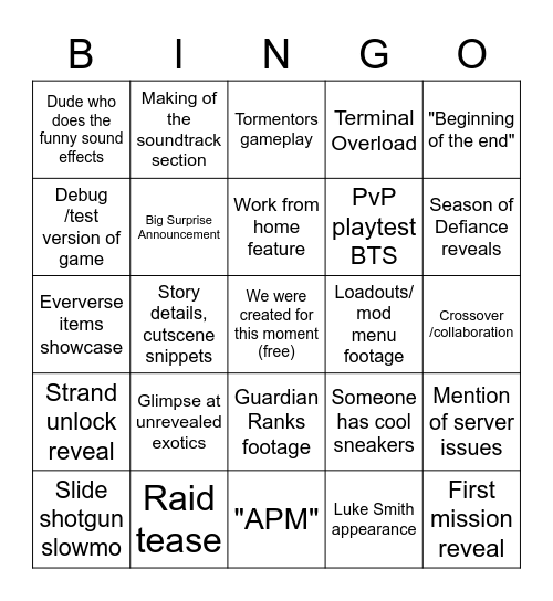 Lightfall Vidoc 2/16/23 Bingo Card