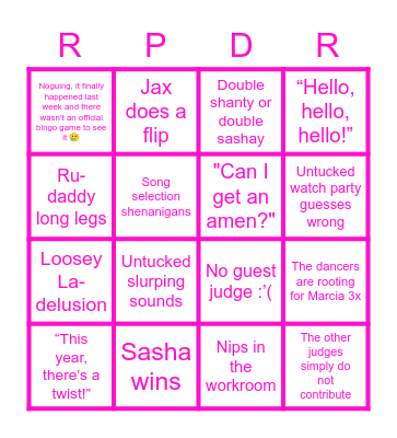 Drag Race S15 E8 Bingo Card