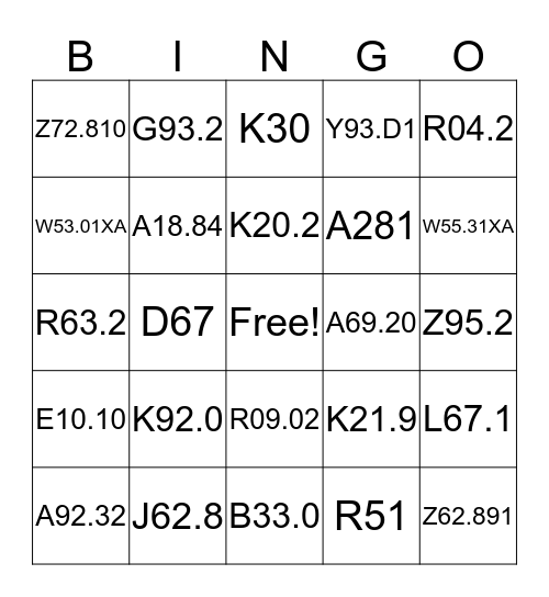 ICD-10 BINGO Card