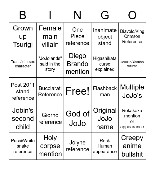 JoJo Stands Bingo Card