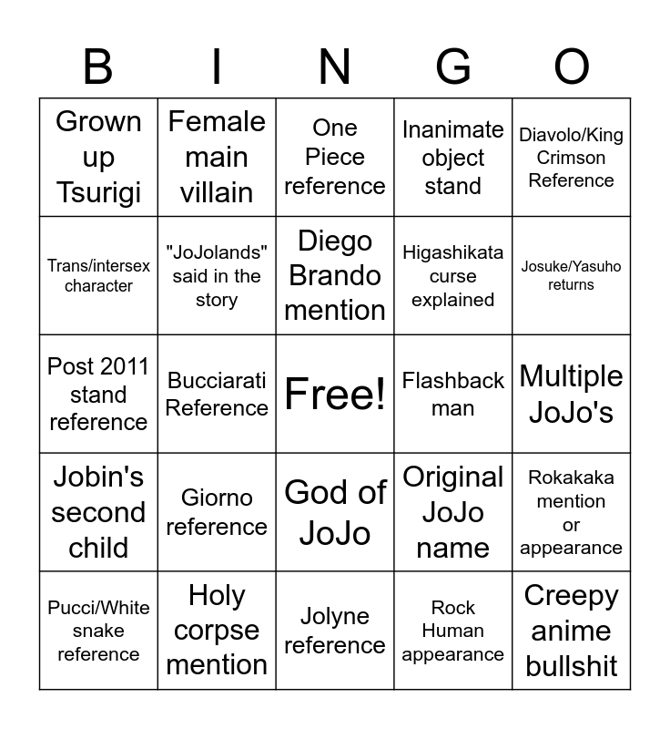 JoJo Stands Bingo Card