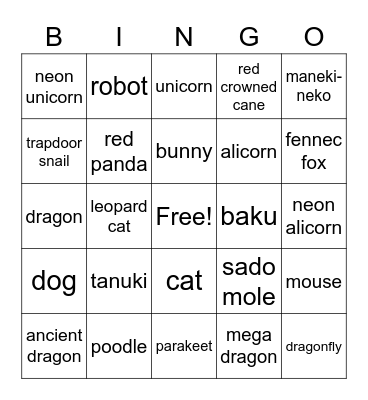 Adopt me Pets Bingo Card