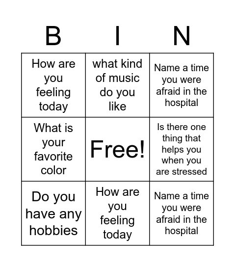 Hospital Discussion Bingo Card