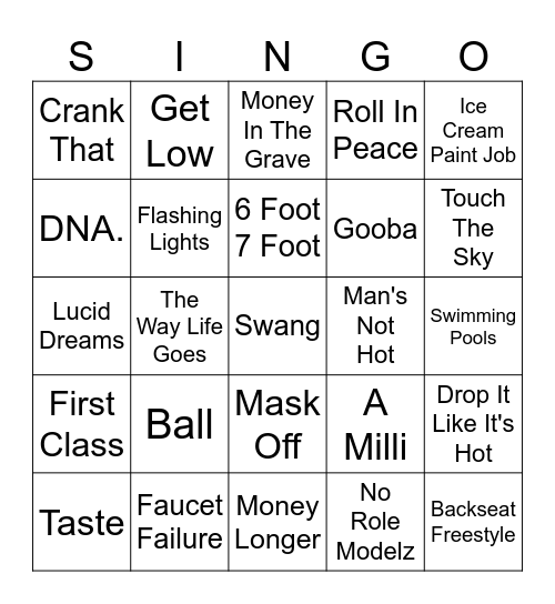 Hip Hop/Rap Bingo Card