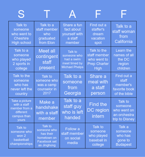 Staff/Staff Spouses Bingo Card