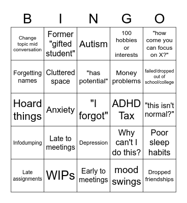 I think I have ADHD (Adult Version) Bingo Card