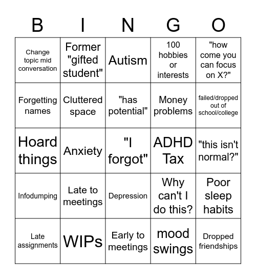 I think I have ADHD (Adult Version) Bingo Card