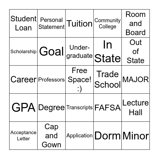 COLLEGE BINGO! Bingo Card