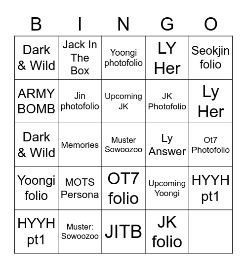 Wishlist Bingo Card