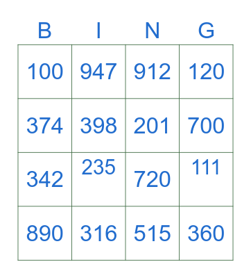 Numeros 100-1,000 Bingo Card