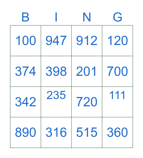 Numeros 100-1,000 Bingo Card