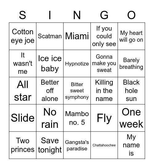 90's Bingo Card