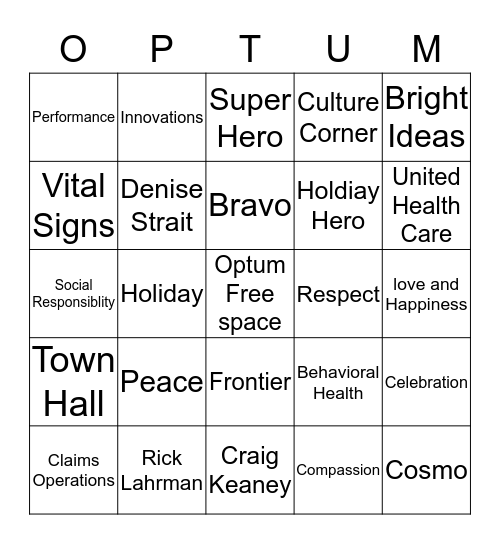 Optum Holiday Bingo Card