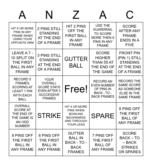 Anzacs Bowling Bingo Card
