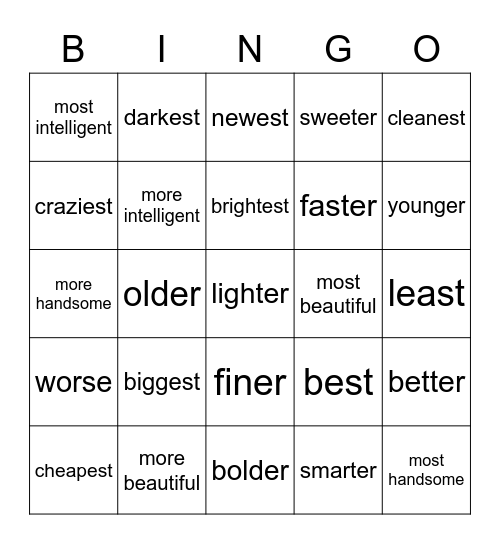 Comparatives & Superlatives Bingo Card