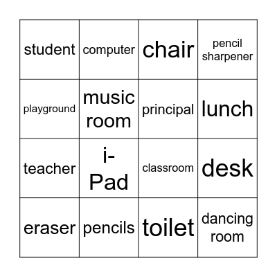 Bingo -- School Objects Bingo Card