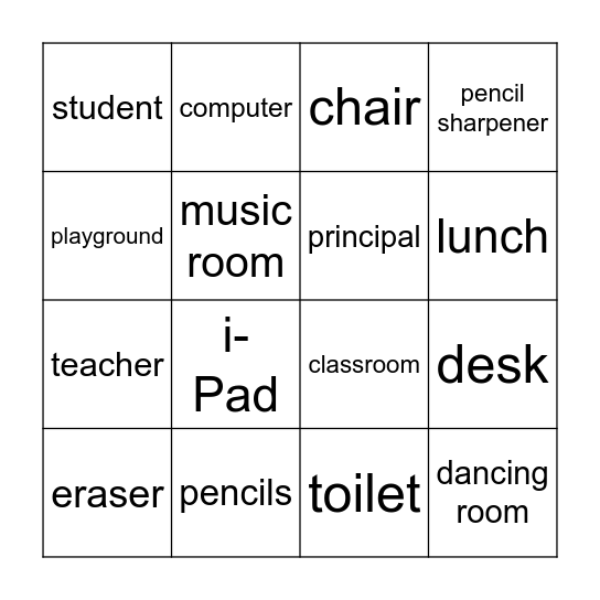 Bingo -- School Objects Bingo Card