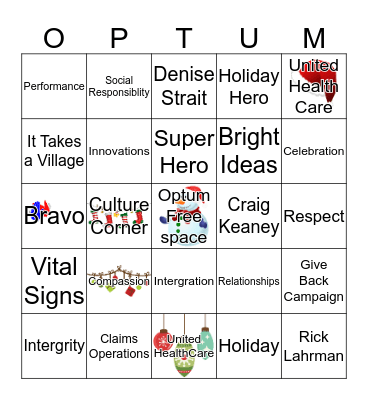 Optum Holiday Bingo Card