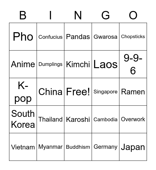 Asian Cultures BINGO! Bingo Card