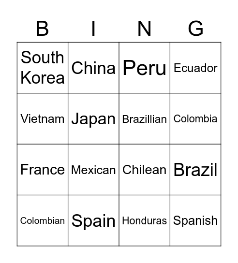 Country & Nationality Bingo Card