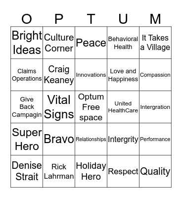 Optum Holiday Bingo Card