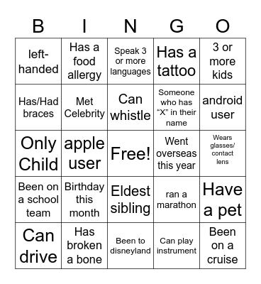 X Bingo Card