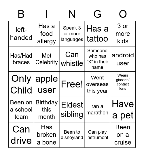 X Bingo Card