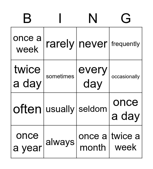 Frequency Adverb Bingo Card