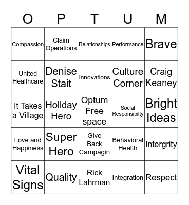 Optum Holiday Bingo Card