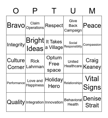 Optum Holiday Bingo Card