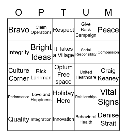 Optum Holiday Bingo Card