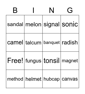 2 Syllable Words Bingo Card