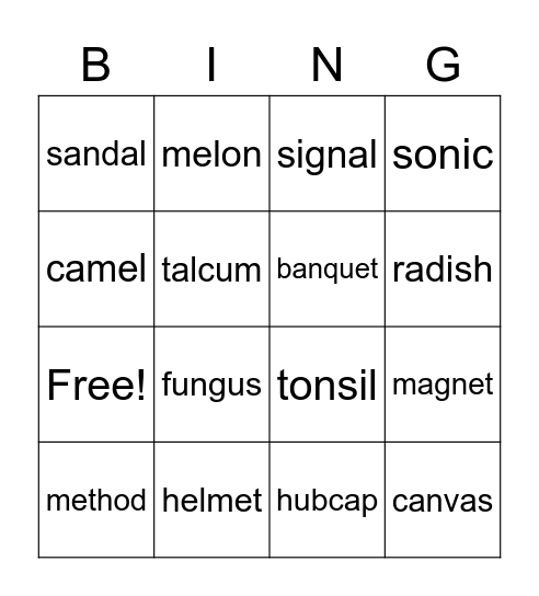 2 Syllable Words Bingo Card