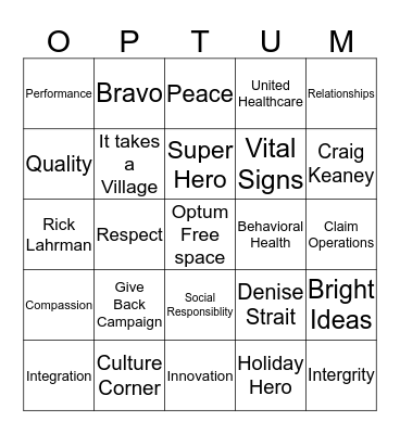 Optum Holiday Bingo Card