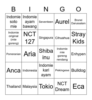 Aria's bingo Card