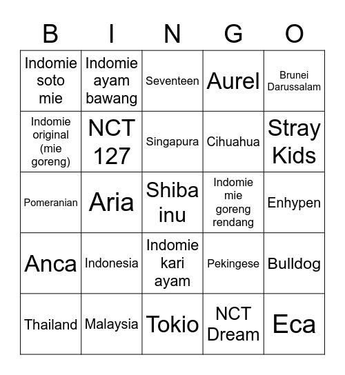 Aria's bingo Card