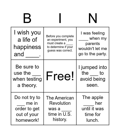 Unit 7, Week 3 Vocabulary Bingo Card