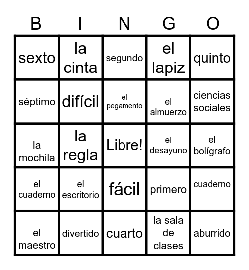 Unidad 5.16 La escuela HHS # 1 Bingo Card