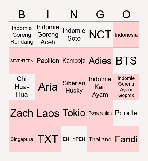 Lily’s Board. Bingo Card