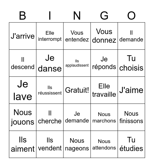 Les verbes réguliers Bingo Card