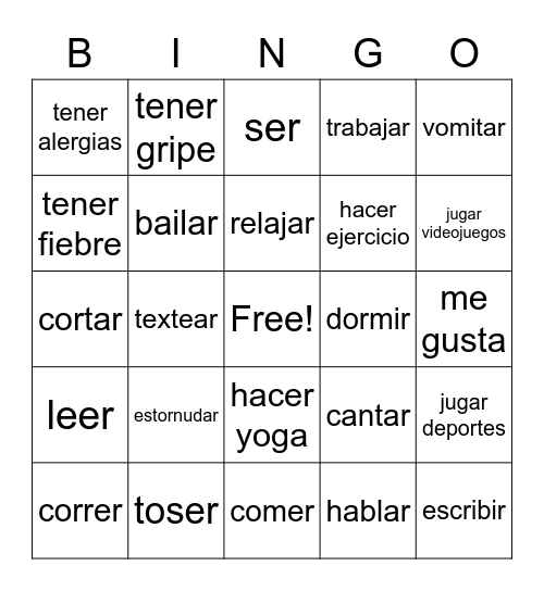 Salud y bienestar -verbos Bingo Card
